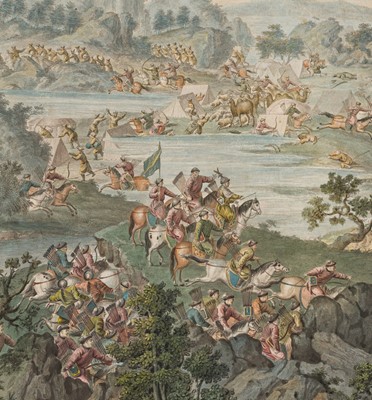 Lot 66 - A HAND-COLORED ENGRAVING AFTER CASTIGLIONE ET AL. DEPICTING THE BATTLE OF KHURUNGUI, QIANLONG PERIOD, CHINA, 1769-1774