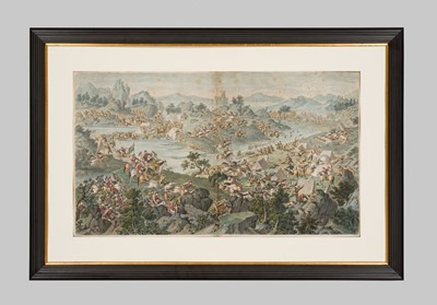 Lot 66 - A HAND-COLORED ENGRAVING AFTER CASTIGLIONE ET AL. DEPICTING THE BATTLE OF KHURUNGUI, QIANLONG PERIOD, CHINA, 1769-1774