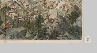 Lot 66 - A HAND-COLORED ENGRAVING AFTER CASTIGLIONE ET AL. DEPICTING THE BATTLE OF KHURUNGUI, QIANLONG PERIOD, CHINA, 1769-1774