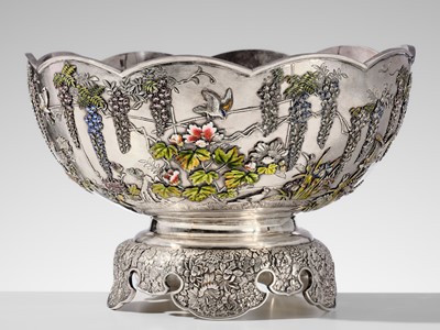 Lot 14 - TOUNSAI MASAKATSU: AN IMPRESSIVE AND LARGE CLOISONÉ ENAMELED SILVER PUNCH BOWL