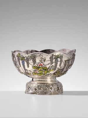 Lot 14 - TOUNSAI MASAKATSU: AN IMPRESSIVE AND LARGE CLOISONÉ ENAMELED SILVER PUNCH BOWL