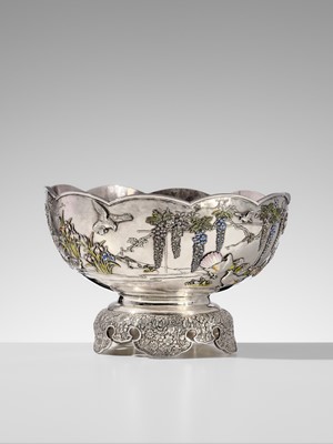 Lot 14 - TOUNSAI MASAKATSU: AN IMPRESSIVE AND LARGE CLOISONÉ ENAMELED SILVER PUNCH BOWL