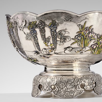 Lot 14 - TOUNSAI MASAKATSU: AN IMPRESSIVE AND LARGE CLOISONÉ ENAMELED SILVER PUNCH BOWL