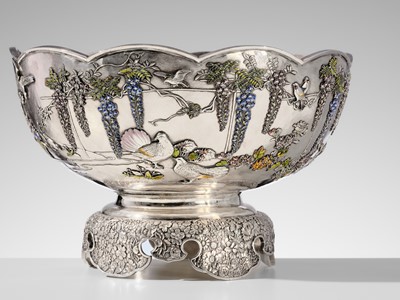 Lot 14 - TOUNSAI MASAKATSU: AN IMPRESSIVE AND LARGE CLOISONÉ ENAMELED SILVER PUNCH BOWL