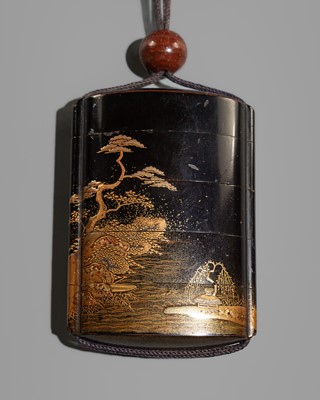Lot 141 - A FINE FOUR-CASE LACQUER INRO OF A RIVER LANDSCAPE AND PINE TREES