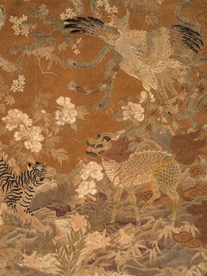 A LARGE AND FINE EMBROIDERED WALL HANGING WITH A TIGER, KIRIN AND HO-O