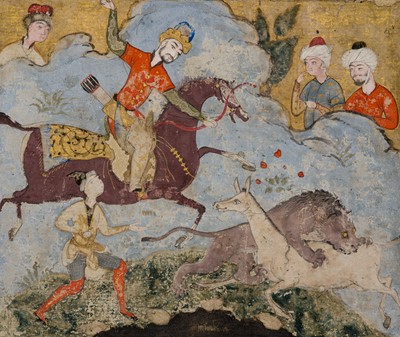 Lot 585 - AN EARLY SAFAVID MINIATURE PAINTING OF A PRINCELY HUNTING SCENE, IRAN, 16TH-17TH CENTURY