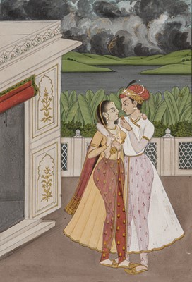 Lot 594 - A MINIATURE PAINTING OF TWO LOVERS ON A TERRACE BEFORE THE COMING STORM, PAHARI, KANGRA, LATE 18TH-EARLY 19TH CENTURY