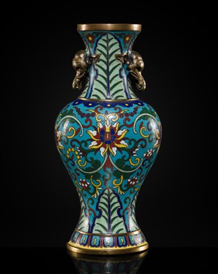 Lot 414 - A GILT-BRONZE AND CLOISONNÉ ENAMEL ‘ELEPHANT HEADS’ WALL VASE, 18TH-19TH CENTURY