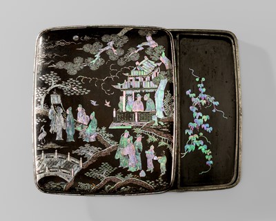 Lot 262 - A RARE AND SUPERB INLAID RYUKYU LACQUER SUZURIBAKO (WRITING BOX) DEPICTING SCHOLARS AND ATTENDANTS