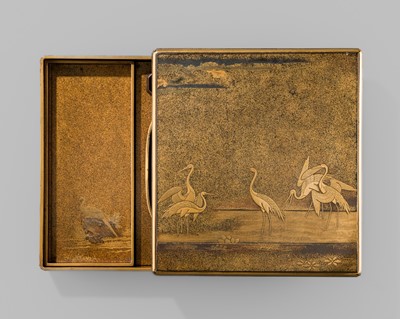 Lot 265 - A FINE EARLY GOLD LACQUER SUZURIBAKO (WRITING BOX) DEPICTING CRANES
