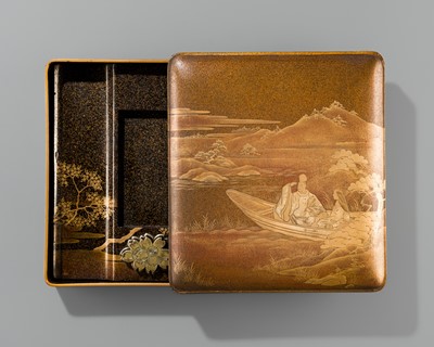 Lot 267 - A FINE LACQUER SUZURIBAKO (WRITING BOX) DEPICTING UKIFUNE (A BOAT CAST ADRIFT) FROM THE TALE OF GENJI