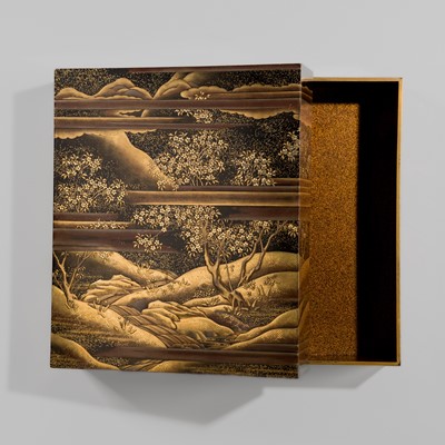 Lot 271 - A FINE LACQUER SHIKISHIBAKO (POEM SLIP BOX) DEPICTING CHERRY TREES