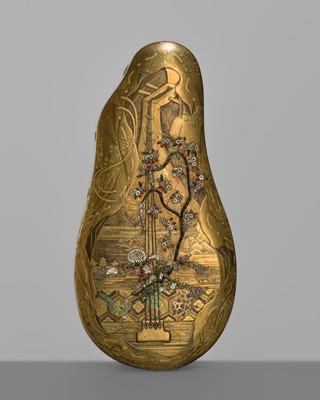 A FINE BIWA-FORM SHIBAYAMA INLAID KOBAKO (SMALL BOX) AND COVER DEPICTING SCENES FROM LAKE BIWA (OMI HAKKEI)