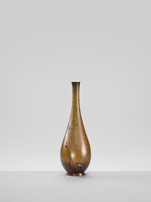 Lot 31 - YUASA: A FINE MIXED-METAL-INLAID BRONZE VASE WITH PLUM BLOSSOMS