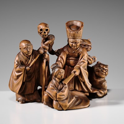 KANSAI: A FINE AND RARE WOOD OKIMONO OF ENMA-O AND IKKYU