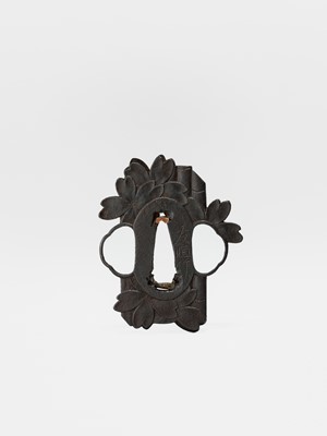 Lot 59 - NAKAI TOMOTSUNE: A RARE CHOSHU SCHOOL IRON TSUBA WITH SAKURA AND BAMBOO