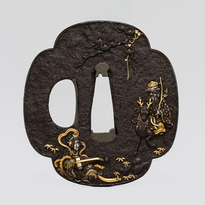 Lot 569 - UNNO YOSHIMORI: A FINE IRON TSUBA WITH JUROJIN AND BENTEN