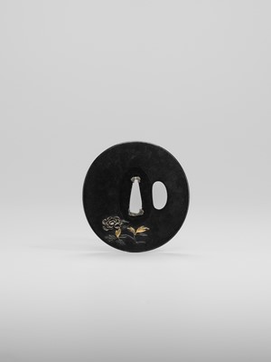 Lot 69 - YANAGAWA NAOMASA: A FINE YANAGAWA SCHOOL SHAKUDO TSUBA WITH SHISHI AND PEONIES