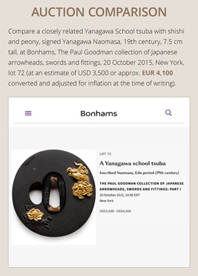 Lot 69 - YANAGAWA NAOMASA: A FINE YANAGAWA SCHOOL SHAKUDO TSUBA WITH SHISHI AND PEONIES