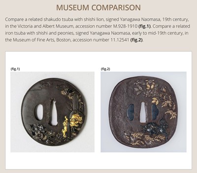 Lot 69 - YANAGAWA NAOMASA: A FINE YANAGAWA SCHOOL SHAKUDO TSUBA WITH SHISHI AND PEONIES