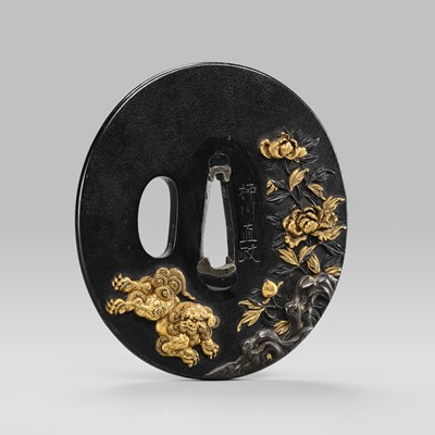 Lot 69 - YANAGAWA NAOMASA: A FINE YANAGAWA SCHOOL SHAKUDO TSUBA WITH SHISHI AND PEONIES