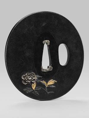 Lot 69 - YANAGAWA NAOMASA: A FINE YANAGAWA SCHOOL SHAKUDO TSUBA WITH SHISHI AND PEONIES