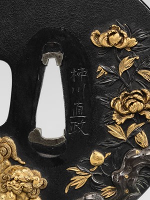 Lot 69 - YANAGAWA NAOMASA: A FINE YANAGAWA SCHOOL SHAKUDO TSUBA WITH SHISHI AND PEONIES