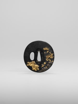 Lot 69 - YANAGAWA NAOMASA: A FINE YANAGAWA SCHOOL SHAKUDO TSUBA WITH SHISHI AND PEONIES