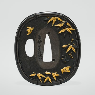 TONO MORIYOSHI: A FINE SHAKUDO TSUBA WITH BAMBOO AND SPARROWS