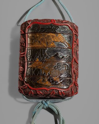 Lot 148 - AN UNUSUAL FOUR-CASE TSUISHU LACQUER INRO DEPICTING A LANDSCAPE