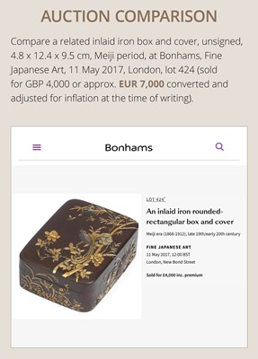 Lot 34 - A FINE KOMAI STYLE GOLD INLAID IRON ‘HO-O NO KIRI’ BOX AND COVER