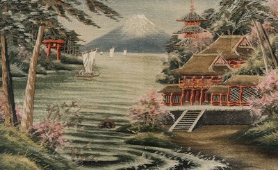 A LARGE EMBROIDERED SILK PANEL DEPICTING HAKONE SHRINE BEFORE MOUNT FUJI, MEIJI PERIOD