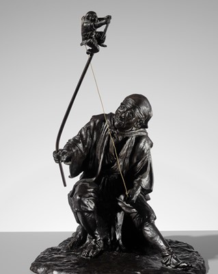 Lot 1 - GENRYUSAI SEIYA: A HUMOROUS AND LARGE BRONZE OKIMINO OF A SARUMAWASHI WITH MONKEY