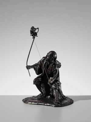 Lot 1 - GENRYUSAI SEIYA: A HUMOROUS AND LARGE BRONZE OKIMINO OF A SARUMAWASHI WITH MONKEY