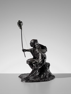 Lot 1 - GENRYUSAI SEIYA: A HUMOROUS AND LARGE BRONZE OKIMINO OF A SARUMAWASHI WITH MONKEY