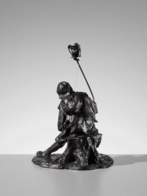 Lot 1 - GENRYUSAI SEIYA: A HUMOROUS AND LARGE BRONZE OKIMINO OF A SARUMAWASHI WITH MONKEY
