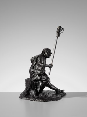 Lot 1 - GENRYUSAI SEIYA: A HUMOROUS AND LARGE BRONZE OKIMINO OF A SARUMAWASHI WITH MONKEY
