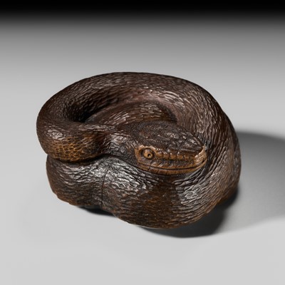 MASANAO: A LARGE WOOD NETSUKE OF A COILING SNAKE