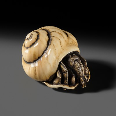 Lot 497 - A FINE IVORY NETSUKE OF A HERMIT CRAB