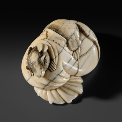 Lot 451 - A FINE OSAKA SCHOOL IVORY NETSUKE OF A RAT INSIDE A TREASURE BAG