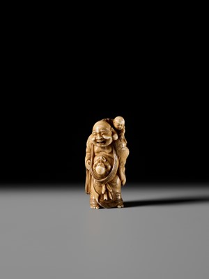 Lot 135 - A FINE OSAKA SCHOOL IVORY NETSUKE OF HOTEI WITH TWO BOYS, ATTRIBUTED TO HIDEMASA
