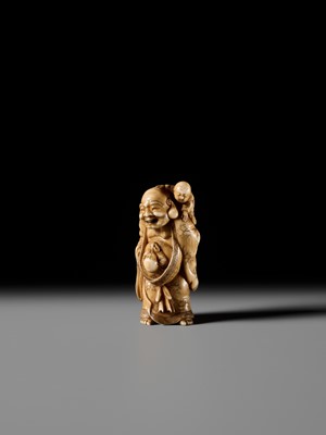 Lot 135 - A FINE OSAKA SCHOOL IVORY NETSUKE OF HOTEI WITH TWO BOYS, ATTRIBUTED TO HIDEMASA