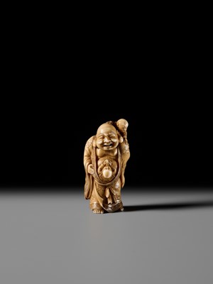 Lot 135 - A FINE OSAKA SCHOOL IVORY NETSUKE OF HOTEI WITH TWO BOYS, ATTRIBUTED TO HIDEMASA