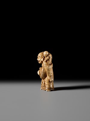 Lot 135 - A FINE OSAKA SCHOOL IVORY NETSUKE OF HOTEI WITH TWO BOYS, ATTRIBUTED TO HIDEMASA
