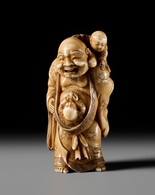 Lot 135 - A FINE OSAKA SCHOOL IVORY NETSUKE OF HOTEI WITH TWO BOYS, ATTRIBUTED TO HIDEMASA