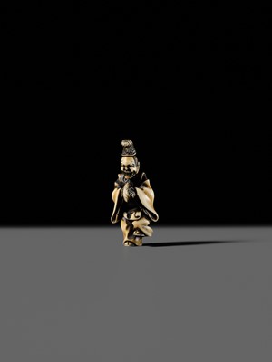 Lot 133 - HIDEMASA: A FINE IVORY NETSUKE OF A COURTIER