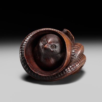 Lot 214 - HIDETOSHI: A RARE WOOD NETSUKE OF A HINADORI (CHICK) AND SNAKE