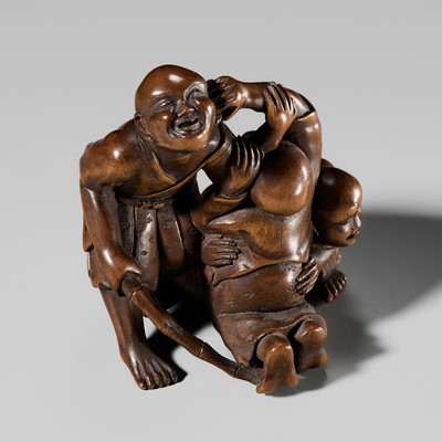 MASATAMI: AN AMUSING WOOD OKIMONO OF THREE FIGHTING BLIND MEN