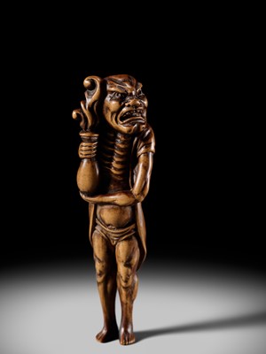 Lot 87 - A SUPERB TALL WOOD NETSUKE OF RYUJIN’S ATTENDANT
